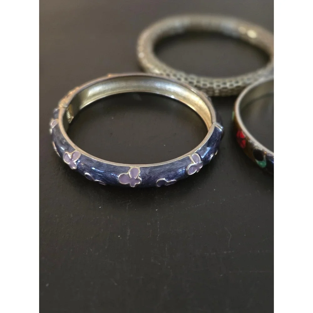 Vintage Cloisonné Enamel Butterfly Floral & Gold Tone Mesh Bangle Stack Set of 3